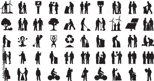 Environmental sustainability icons set, 50 black vector silhouettes of people recycling and using green energy, eco friendly lifestyle graphics