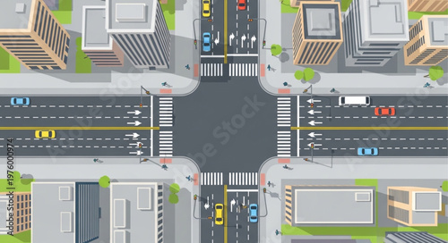 Aerial View of a Busy City Intersection with Buildings.