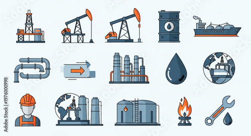 Oil and Gas Industry Icons - Exploration, Production, and Transportation.