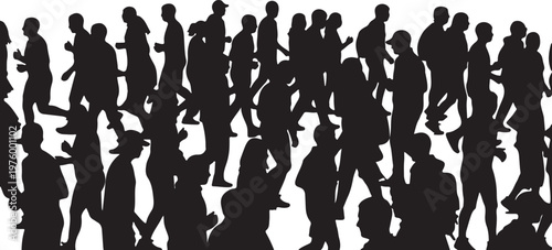 Crowd silhouette of people walking and running, black human figures in motion, diverse group of pedestrians and commuters, urban street life vector