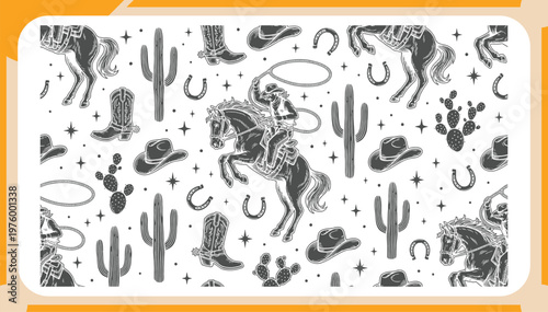 Seamless Wild West Pattern with Cowboy Riding Horse, Desert Cactus, Boots and Horseshoe Silhouette, Retro Western Theme Background Vector Illustration