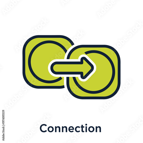 Illustration of two green squares with circular cutouts connected by an arrow, symbolizing connection