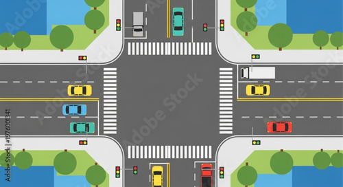Aerial View of a Busy City Intersection with Cars.