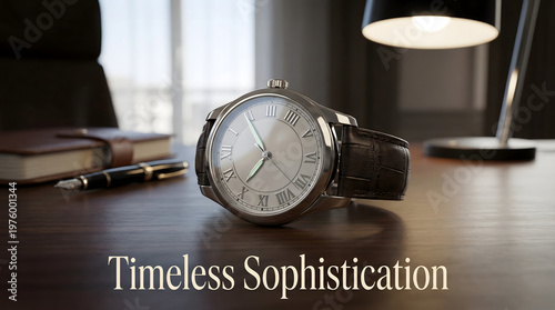 Elegant luxury wristwatch on wooden desk with pen and lamp