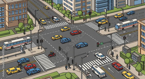 Bustling City Intersection with Cars, Buses, and Pedestrians.