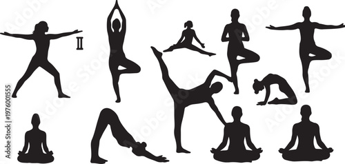 Yoga silhouettes collection of 11 female figures, black vector woman yoga poses set, meditation and fitness exercise icons for wellness branding