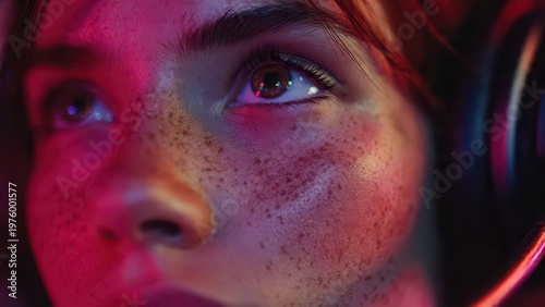 Close-up of Gamer Girl with Headphones in Neon Lighting