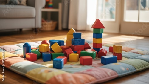 Colorful Wooden Building Blocks Scattered on Quilted Play Mat Early Childhood Development Concept