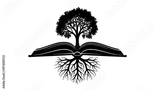 Open Book with Tree and Roots Silhouette Logo Representing Deep Learning Knowledge Growth Vector