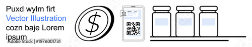 Digital transactions, online payments, cryptocurrency, healthcare management, pharmacology, QR code integration. QR code on a device with dollar symbol and medicine bottles. Digital transactions