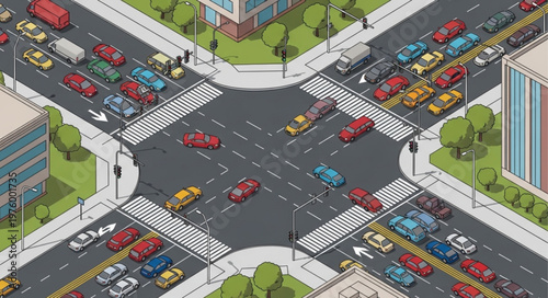 Isometric City Intersection with Heavy Traffic and Pedestrian Crossings.