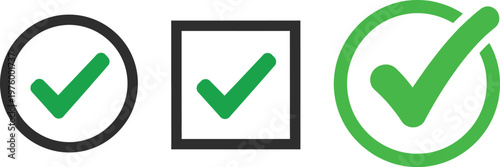 Title three checkmark icons in different frames oval square and circle representing completion or validation description three green checkmark symbols are presented within distinct