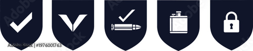 Five dark blue shield shaped icons representing security validation and potential risks in a linear arrangement