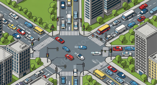 Isometric City Intersection with Heavy Traffic.