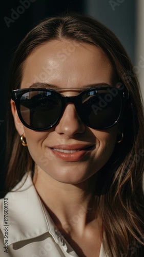 Elegant young woman wearing stylish black sunglasses and gold earrings in a cinematic closeup portrait