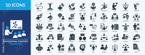 
Professional Strategy Training icon set vector illustration. Containing icon of opportunities, action, mentorship and more. Glyph solid icon symbol collection