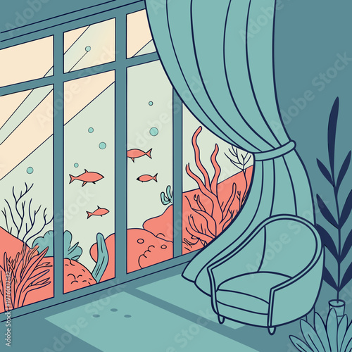 A serene vector illustration of an underwater scene viewed through a large window in a cozy room