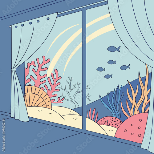 A colorful underwater scene viewed through a large window with curtains