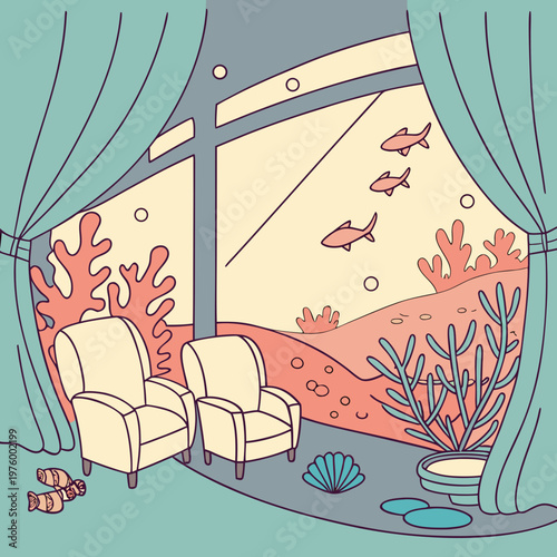 A serene underwater scene viewed from a cozy living room with an aquarium window