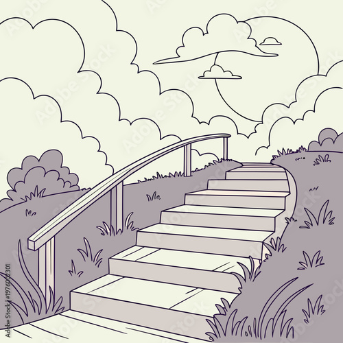 A minimalist vector illustration of a staircase leading up to a cloudy sky