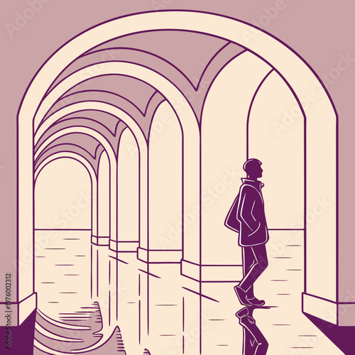 A minimalist vector illustration of a man standing in a long, arched hallway with a reflective floor