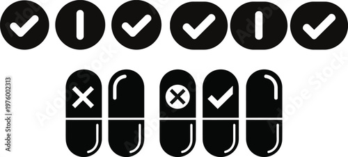 Black and white pill icons checkmarks x marks and lines representing choices and pharmaceutical symbols