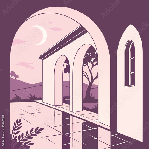 A serene and peaceful vector illustration of a building with arches under a crescent moon