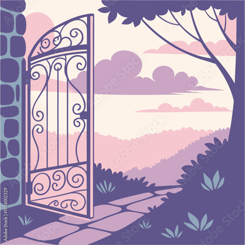 A serene and peaceful vector illustration of an open gate leading to a beautiful landscape