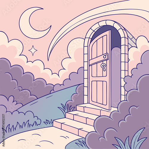 A whimsical illustration of a door in a dreamy landscape with clouds and a crescent moon