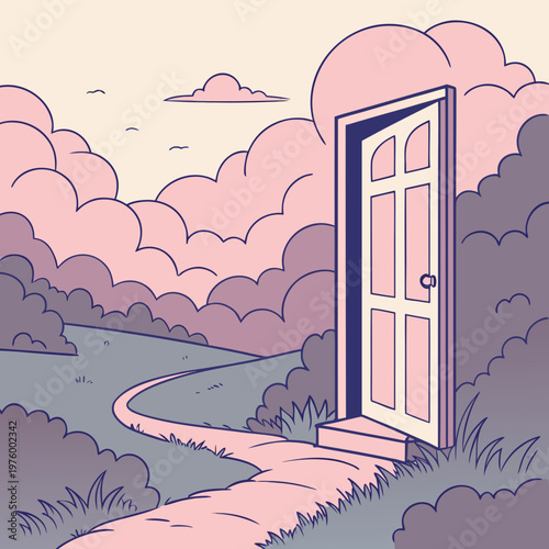 A whimsical illustration of an open door leading to a serene landscape with fluffy clouds and a winding path