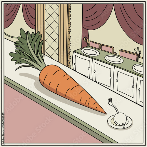 A large cartoon carrot sits on a kitchen counter next to a plate and fork