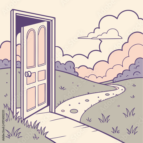 A serene illustration of an open door leading to a peaceful landscape with a winding path and fluffy clouds