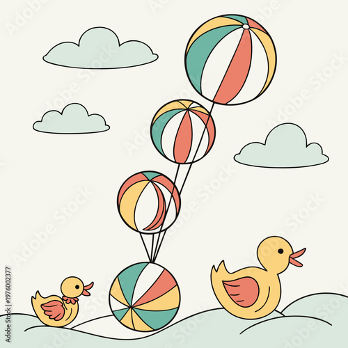 A colorful illustration of two cartoon ducks playing with beach balls in the air