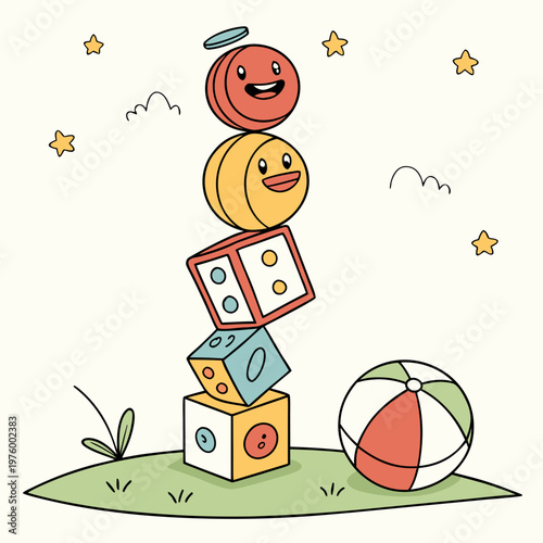 A colorful illustration of stacked blocks and toys on a green hill with a beach ball