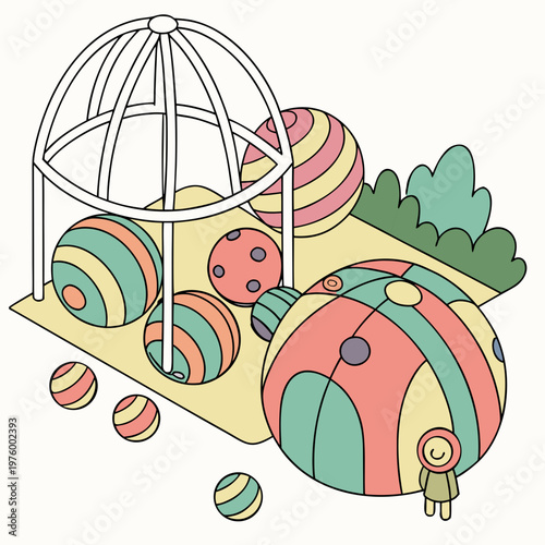 A colorful illustration of a child standing next to a large ball in a playful outdoor setting with a cage structure