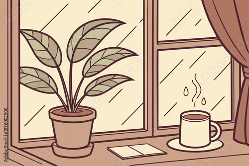 A serene vector illustration of a potted plant and a steaming cup of coffee on a windowsill