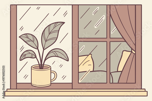 A minimalist vector illustration of a potted plant on a windowsill on a rainy day