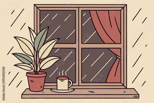 A cozy cartoon illustration of a plant and cup of coffee on a windowsill on a rainy day