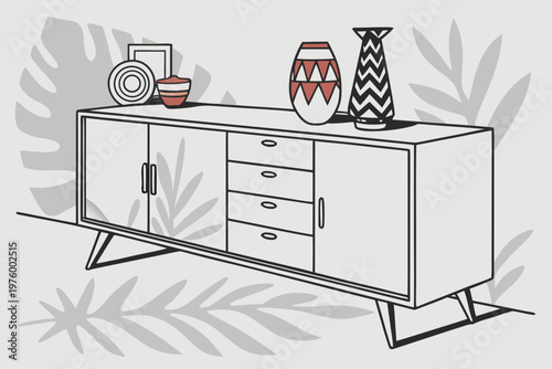 A minimalist vector illustration of a mid-century modern sideboard with decorative vases and a clean design aesthetic.