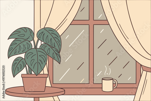 A serene vector illustration of a potted plant on a table by a rainy window with a steaming cup of coffee