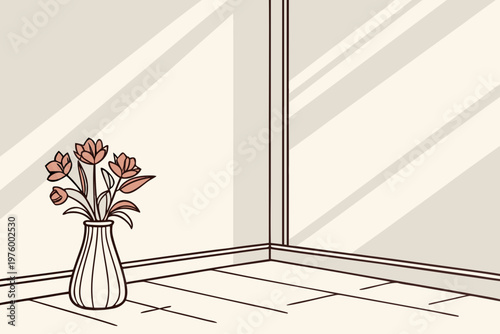 A minimalist line art illustration of a vase with flowers in a corner of a room