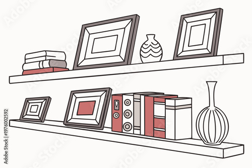 A minimalist vector illustration of a shelf with picture frames, books, and vases