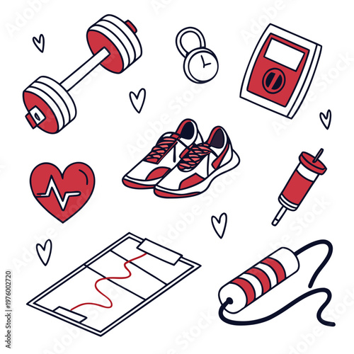 A vector graphic illustration of fitness and exercise icons in red and white