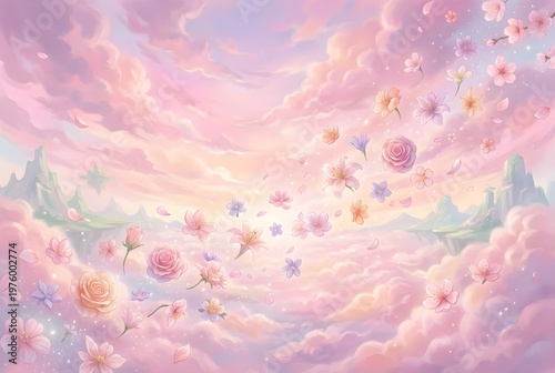 Whimsical Pastel Cloudscape with Floating Flowers and Dreamy Mountains