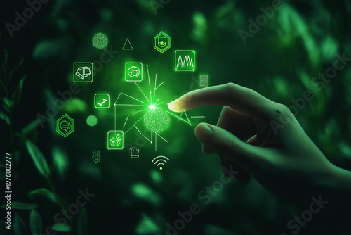 Abstract composition of a glowing fingertip connecting with floating eco icons, geometric shapes and soft neon green light, modern environmental awareness concept