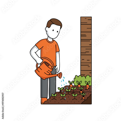 Man Watering Carrots in a Garden Vector Illustration