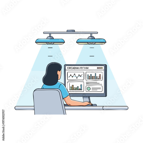 Woman at computer desk with circadian rhythm lighting therapy lamps