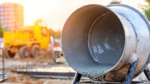 slurry. A cement mixer on a construction site with grey slurry inside. safety posters, maintenance manuals, designed for industrial assembly lines and welding operations.