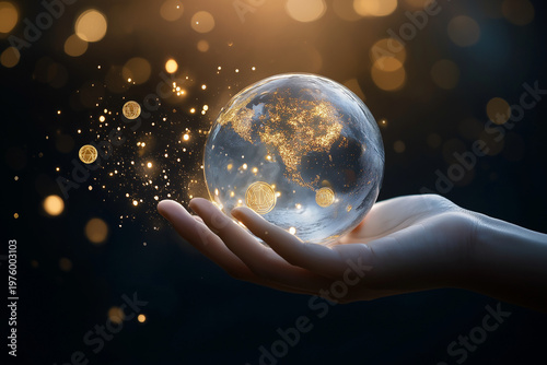 Luxury-style composition of a hand holding a crystal Earth on a reflective surface, with golden eco icons floating around, premium sustainability branding, soft studio lighting