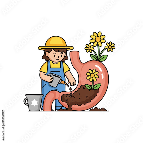 Gardener Caring for Gut Health and Growing Flowers in a Stomach
